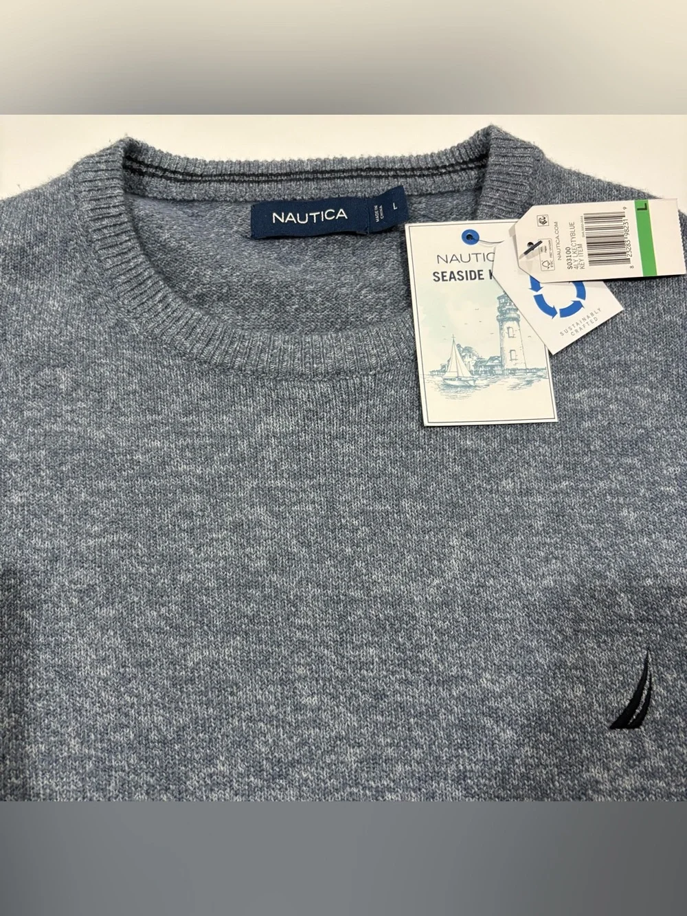 Nautica Seaside Knit Sweater Mens Large Blue Crew Neck Cotton Blend NWT